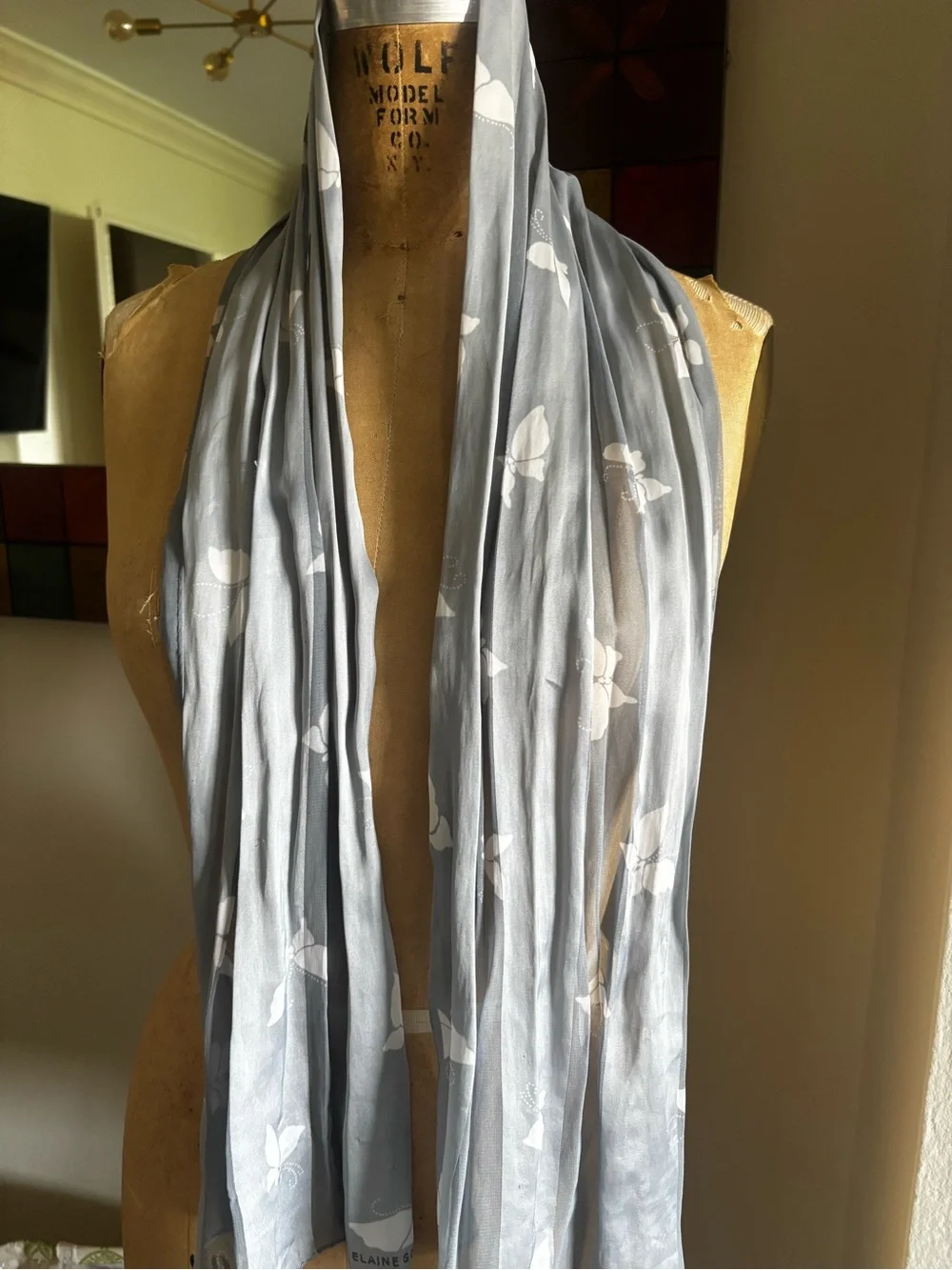 Vintage Butterfly Scarf 11”x52” Lavender White Satin Stripes